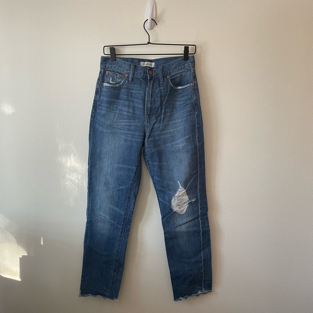 Madewell The Perfect Summer Busted Knee Cotton High Rise Dark Wash Denim Jeans